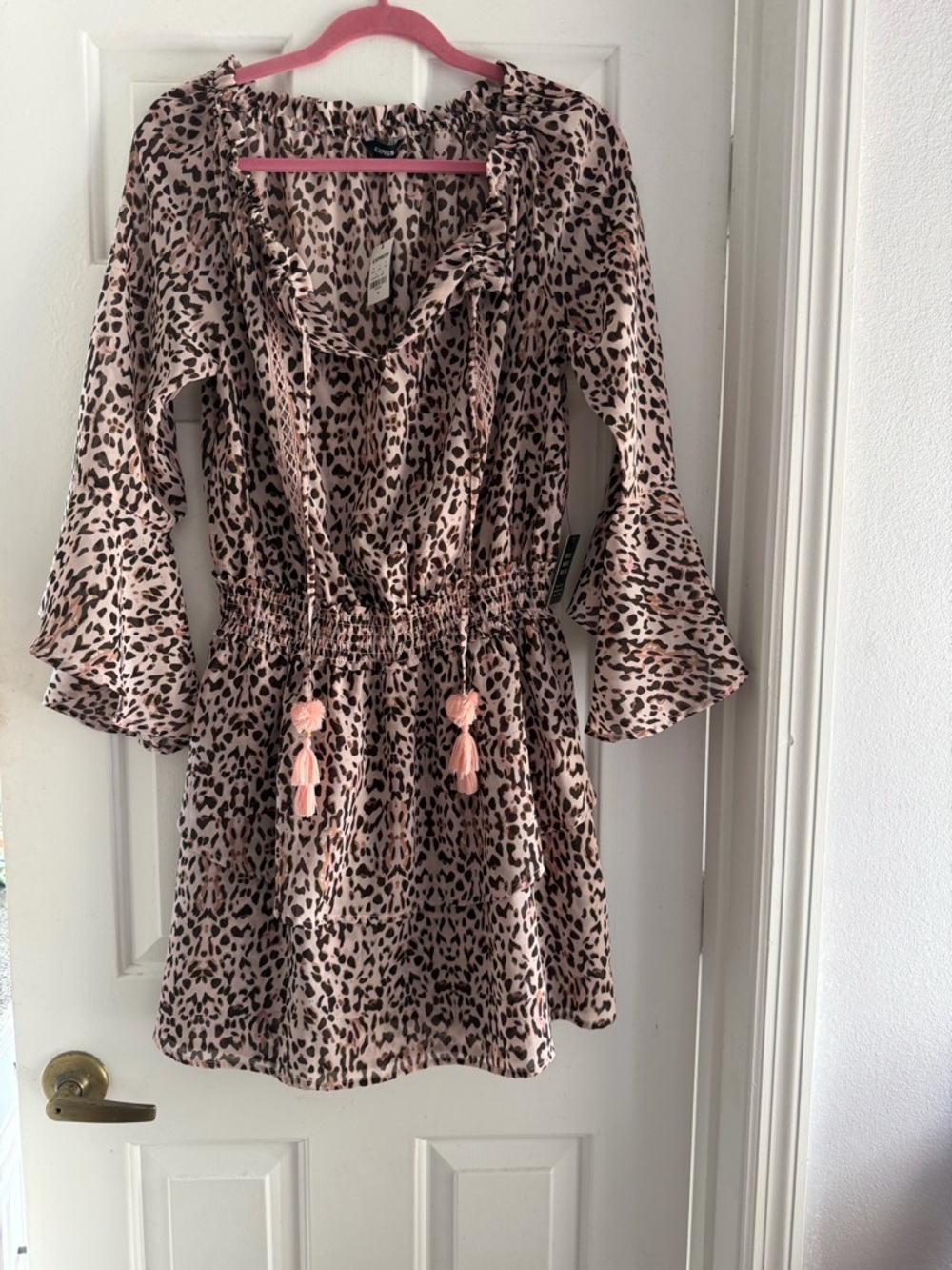 Express NWT Leopard Print Ruffle Dress with Tassel Tie